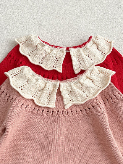 Autumn New Arrival Baby Kids Girls Comfortable Hollow-out Design Knitted Long Sleeves Top with Flowers Embroidery Pattern and Collar-2
