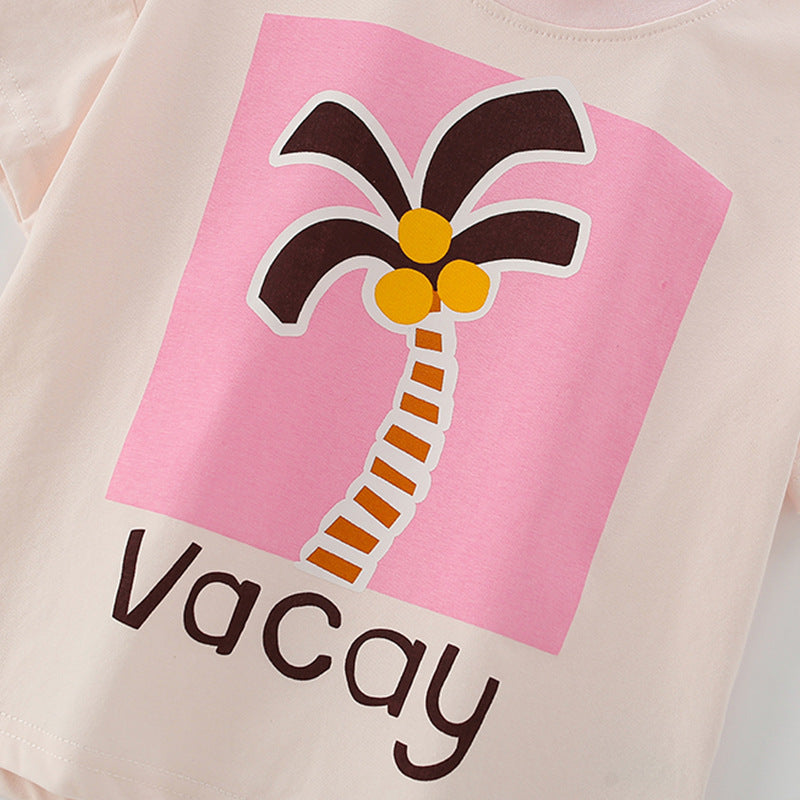 Summer Baby Kids Cartoon Coconut Palm Pattern T-shirt and Pink Shorts Clothing Set for Girls-1