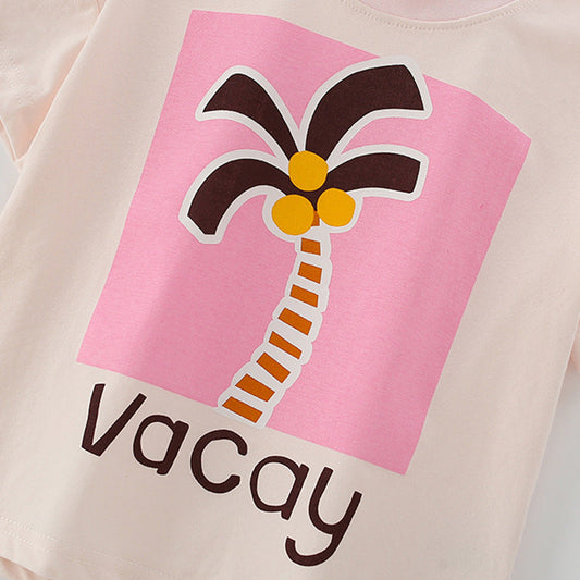 Summer Baby Kids Cartoon Coconut Palm Pattern T-shirt and Pink Shorts Clothing Set for Girls-1