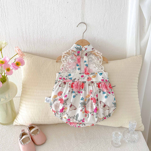 Summer Arrival Baby Girls Cute Floral Sleeveless Stand Collar Onesies-1