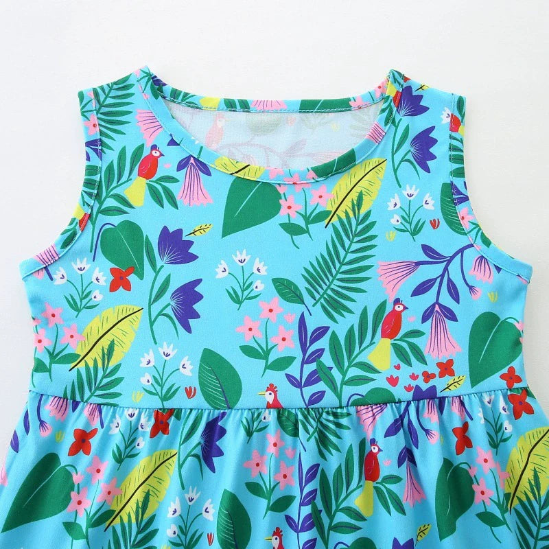 Summer Arrival Leaves and Animals Pattern Sleeveless Dress for Stylish Girls-3