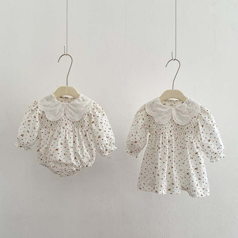 Baby Girl Floral Pattern Doll Neck Onesies & Dress-2