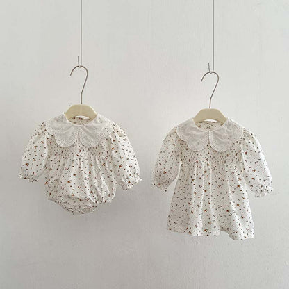 Baby Girl Floral Pattern Doll Neck Onesies & Dress-2