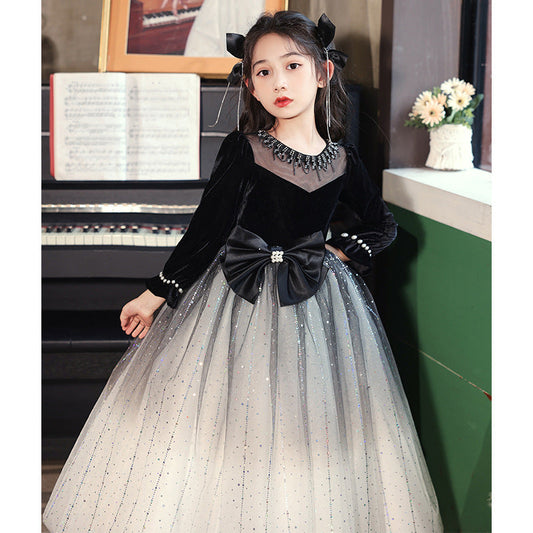 Princess Black Bow Birthday Dress For Girls: Luxurious Long-Sleeved Piano Performance Attire , Perfect For Spring Celebrations-1