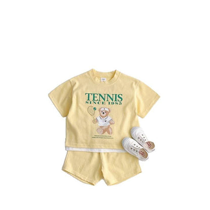 Summer Baby Kids Unisex Casual Letters and Teddy Bear Pattern Short Sleeves Top Shirt and Shorts Clothing Set-1