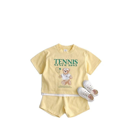 Summer Baby Kids Unisex Casual Letters and Teddy Bear Pattern Short Sleeves Top Shirt and Shorts Clothing Set-1