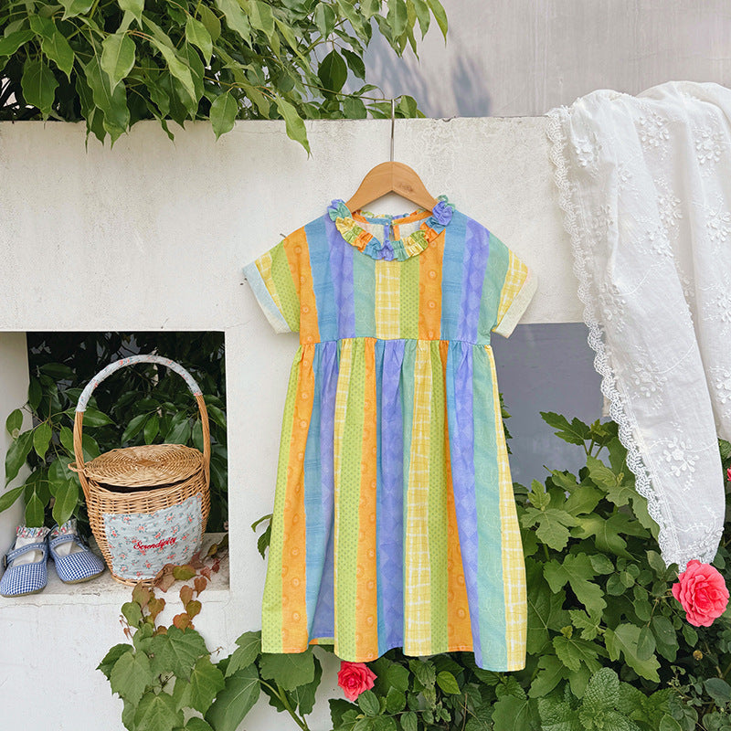 Summer Arrival Baby Kids Girls Short Sleeves Geometric Striped Pattern Dress-2