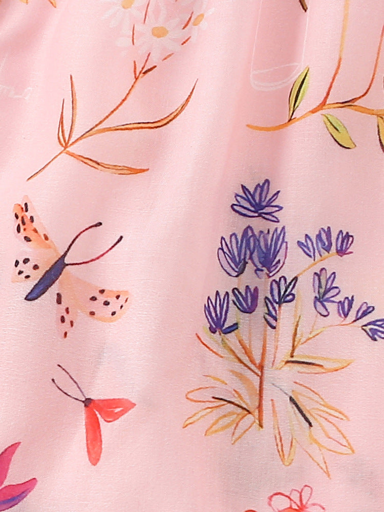 Summer New Design Girls’ Flowers Pattern Fly Sleeves Single Breasted Crew Neck Dress-2