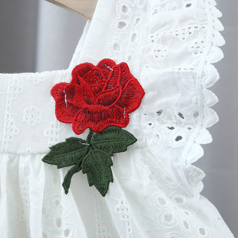 Summer Hot Selling Baby Kids Girls Hollow Out Flowers Pattern Fly Sleeves Square Neck Princess Dress-3
