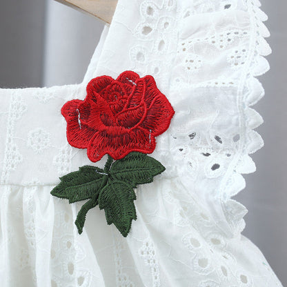 Summer Hot Selling Baby Kids Girls Hollow Out Flowers Pattern Fly Sleeves Square Neck Princess Dress-3