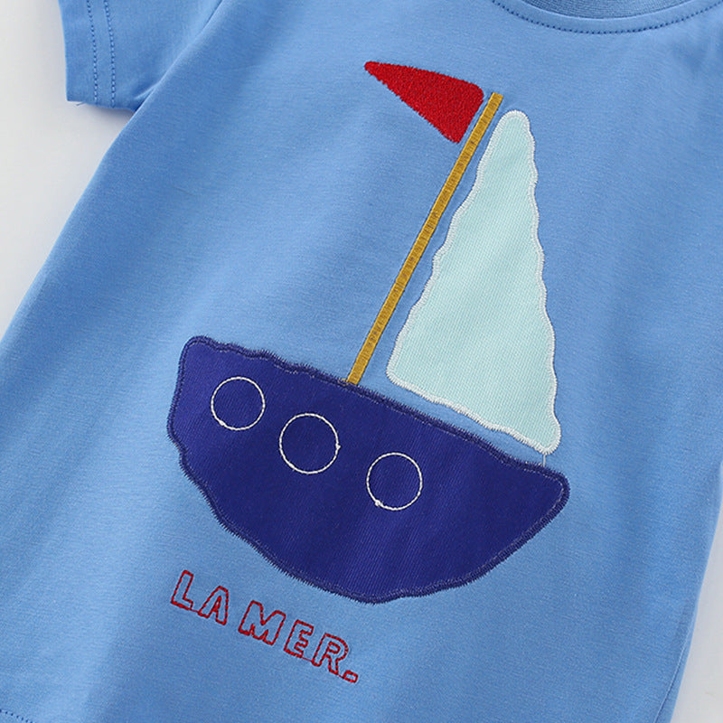 Summer Baby Kids Geometric Boat Pattern T-shirt and Shorts Clothing Set for Boys-2