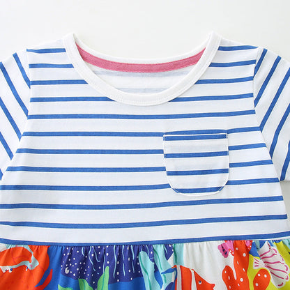 Summer Pure Cotton Cartoon Jungle Floral Pattern Short Sleeves Dress for Stylish Girls-2