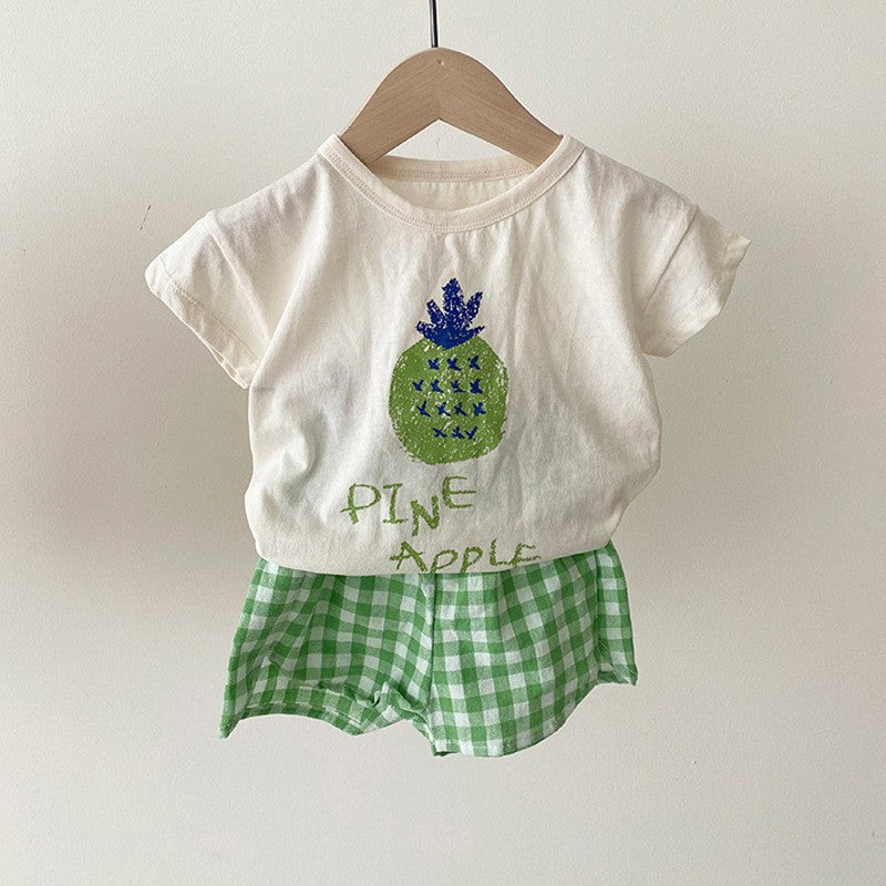 Summer Baby Kids Fruits Pattern Short Sleeves T-shirt and Plaid Shorts Clothing Set-4