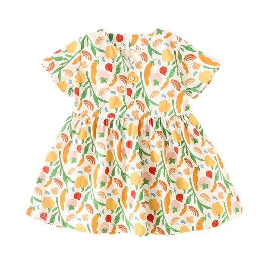 Summer New Arrival Baby Girls Casual Vegetable Print Short Sleeves V Neck Dress-0