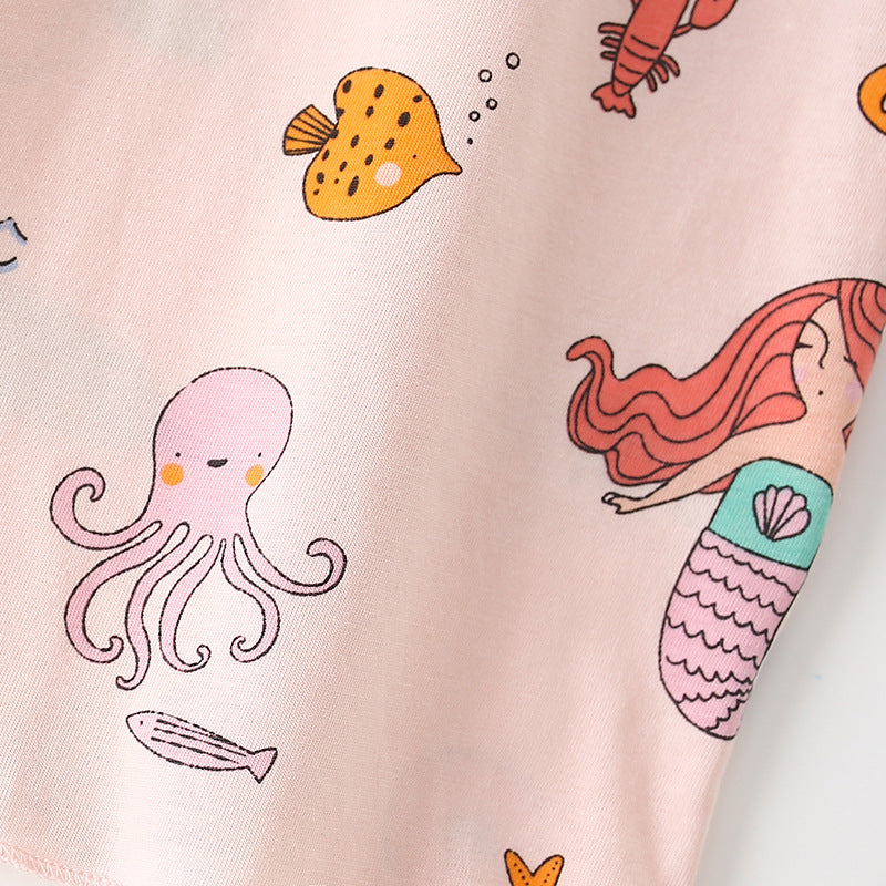 Summer Baby Kids Marine Mermaid and Animals Pattern T-shirt and Shorts Clothing Set for Girls-2