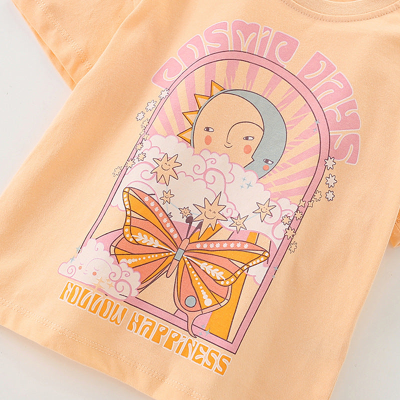Summer Baby Kids Cartoon Pattern T-shirt and Denim Shorts Clothing Set for Girls-2