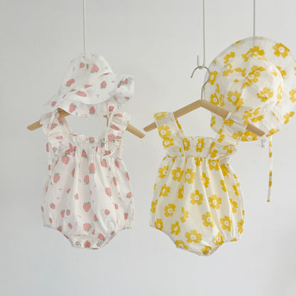 Baby Girl Floral Print Ruffle Design Sleeveless Crotch Onesies Bodysuit-2