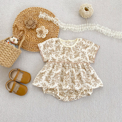Summer Arrival Thin Floral Pattern Short Sleeves Crew Neck Onesies for Stylish Girls