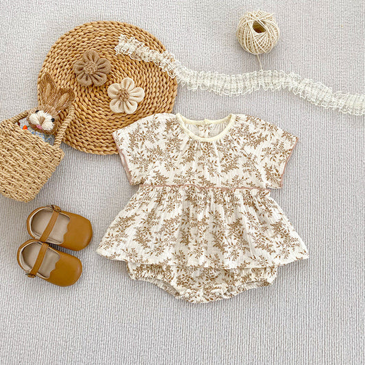 Summer Arrival Thin Floral Pattern Short Sleeves Crew Neck Onesies for Stylish Girls