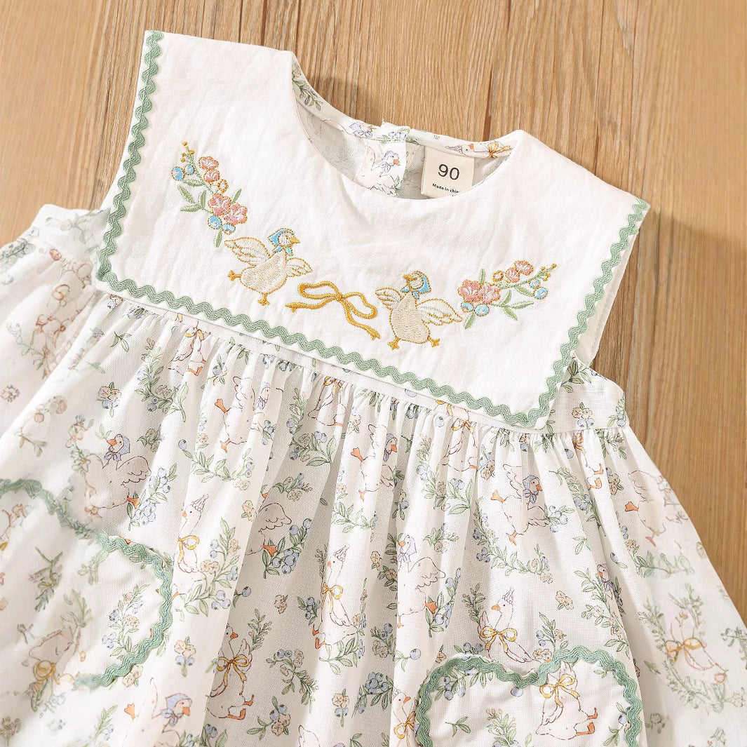 Summer Baby Kids Girls Sleeveless Floral Dress with Embroidery Collar-3