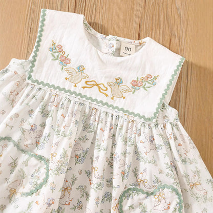 Summer Baby Kids Girls Sleeveless Floral Dress with Embroidery Collar-3