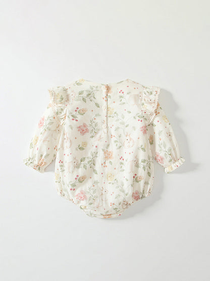 Spring Arrival Baby Girls Flowers Pattern Long Sleeved Onesies with Hat-2