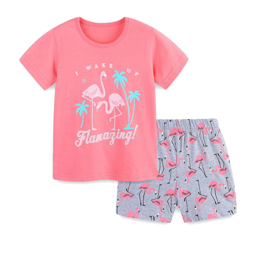 Summer Baby Kids Cute Flamingo Pattern T-shirt and Shorts Clothing Set for Girls-0