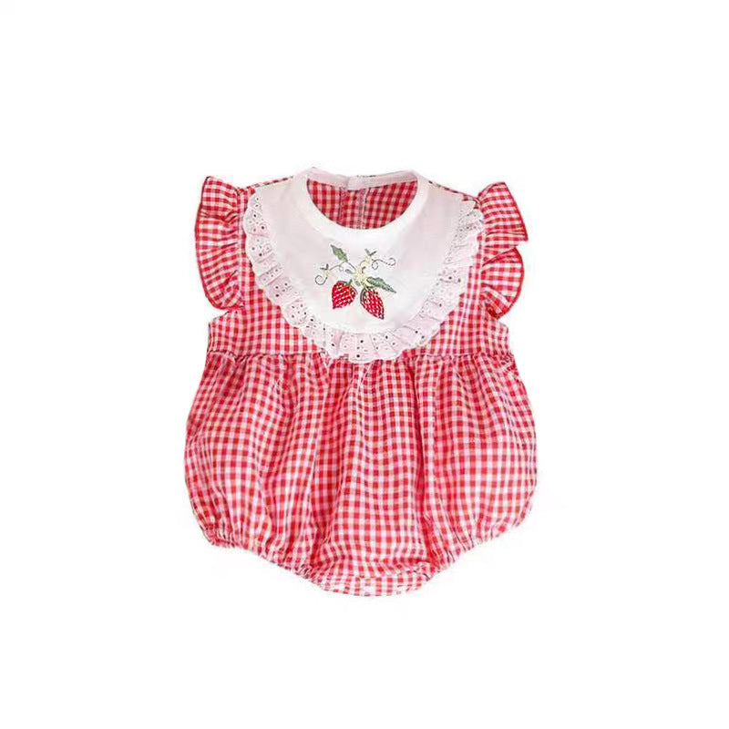 Summer Arrival Baby Cute Plaid Sleeveless Strawberry Embroidered Onesies-3