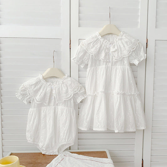 Summer Baby Girls French-style Floral Embroidery Pattern Short-sleeved Plain Onesies or Dress â€“ Princess Sister Matching Set-0