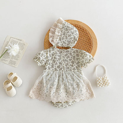 Summer Baby Girls Vintage Floral Short Sleeves Lace Mesh Princess Onesie Dress-3