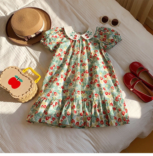 Summer Arrival Baby Kids Girls Cute Short Sleeves Strawberry Pattern Printed Dress-0
