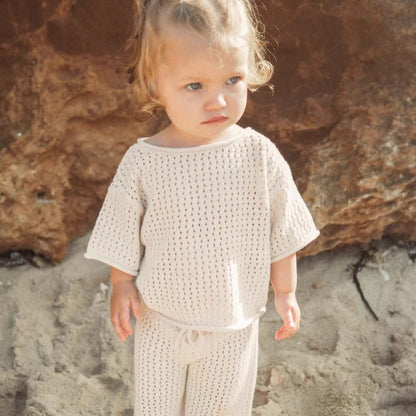 Summer Hot Selling Baby Kids Short Sleeves Plain Hollow-out Knitted Top and Pants Casual Clothing Set-4