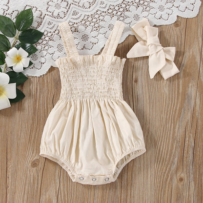 Baby Girls Solid Color Sleeveless Summer Shirred Bodysuit Onesies & Headband-3