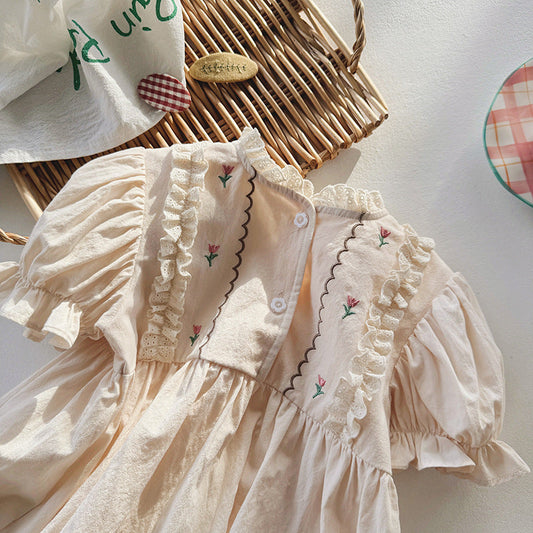 Summer Arrival Baby Kids Girls Cute Short Sleeves Flowers Pattern Embroidered Dress-1