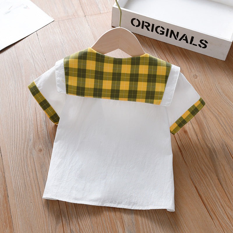 Summer New Design Baby Kids Girls Geometric Argyle Pattern Square Neck Short Sleeves Preppy Tops-4