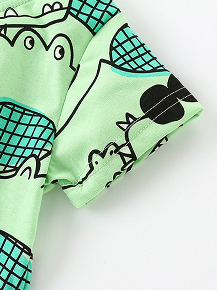 Summer Baby Kids Unisex Alligator Animals Cartoon Pattern Short Sleeves T-Shirt And Shorts Casual Clothing Set-3