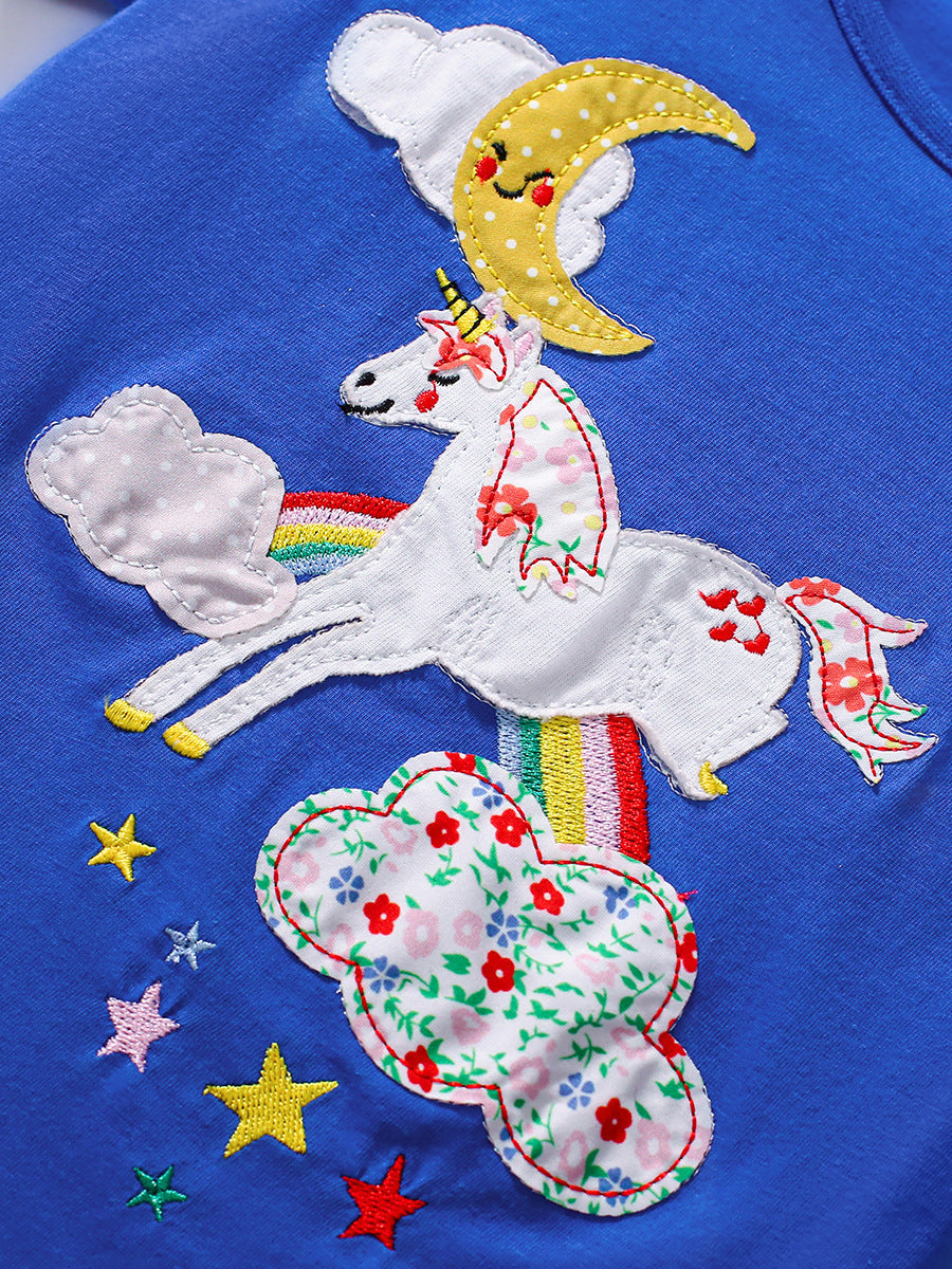 Kids’ Unicorn Cartoon Pattern Short Sleeves T-shirt in European and American Style for Summer-2