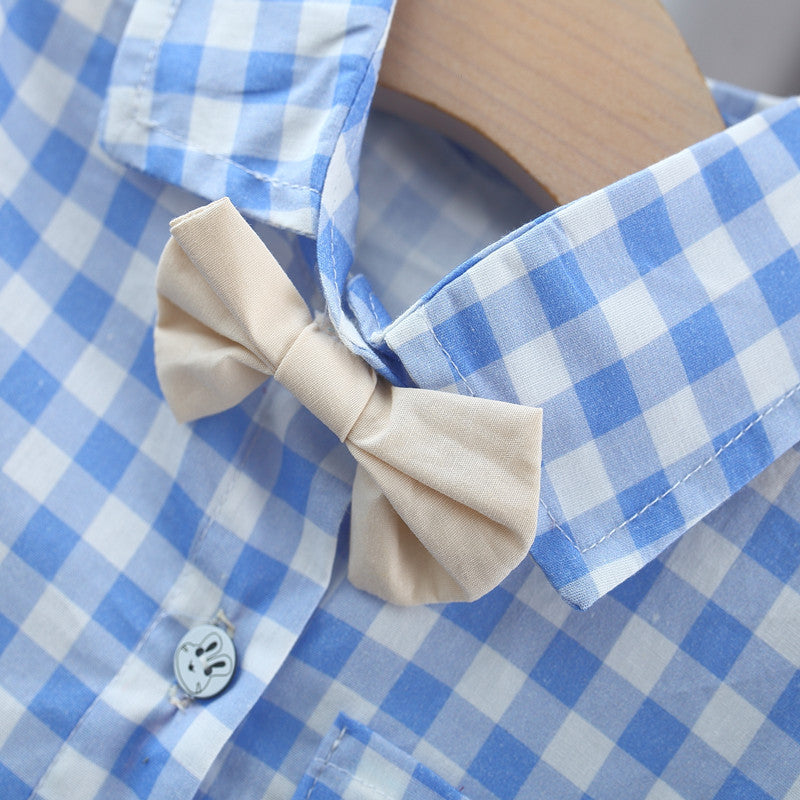 Summer Baby Kids Boys Blue Plaid Pattern Turn-Down Collar Short Sleeves Shirt And Solid Color Shorts English Clothing Set-4