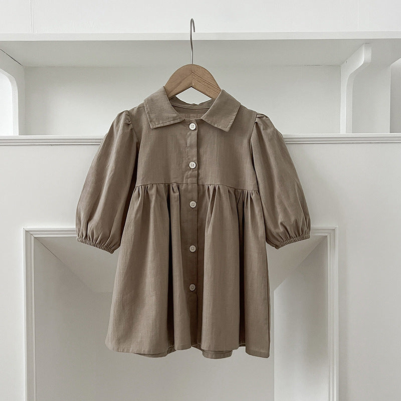 Arrival Autumn Baby Kids Girls Long Sleeves Solid Color Single Breasted Turn-down Collar Dress-3