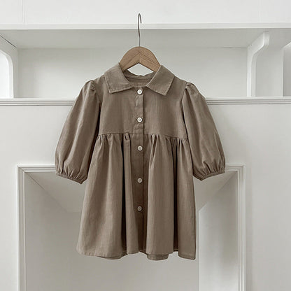 Arrival Autumn Baby Kids Girls Long Sleeves Solid Color Single Breasted Turn-down Collar Dress-3
