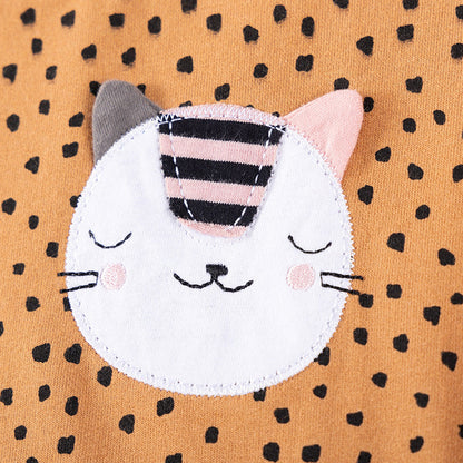 Spring and Autumn Girls Cat Cartoon and Dots Pattern Long Sleeves Sweatshirt and Black Pants Clothing Set-4