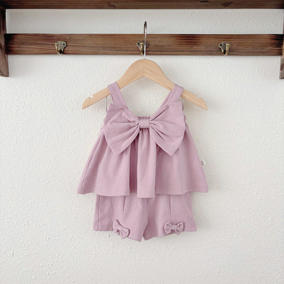 Summer Baby Kids Cute Solid Color Sleeveless Top Vest with Trousers Clothing Set for Girls-2