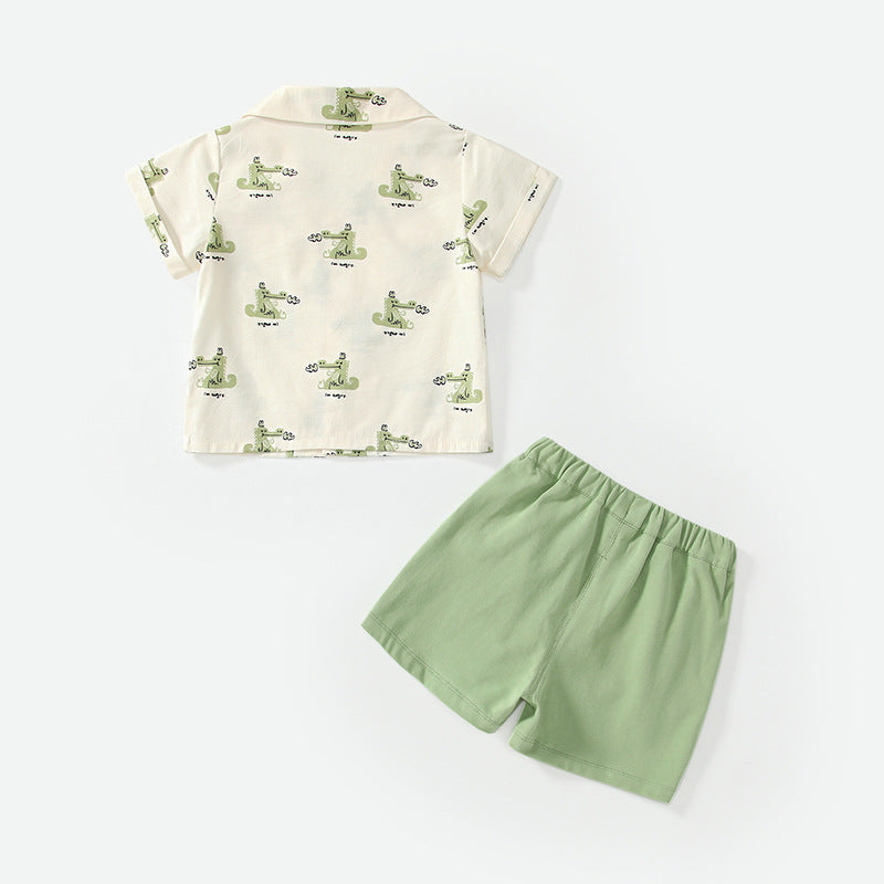 Summer Baby Kids Casual Cartoon Animals Pattern Short Sleeves Top Shirt with Green Shorts Clothing Set for Boys-2