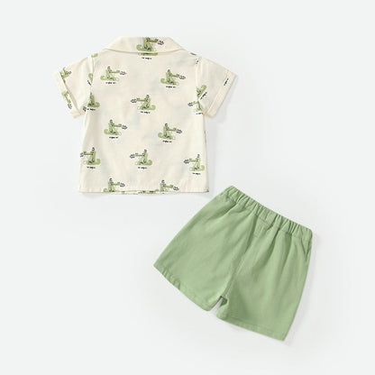 Summer Baby Kids Casual Cartoon Animals Pattern Short Sleeves Top Shirt with Green Shorts Clothing Set for Boys-2