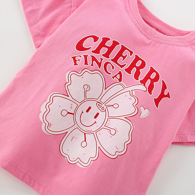 Summer Baby Kids Flowers and Letters Pattern T-shirt and Skirt Clothing Set for Girls-2