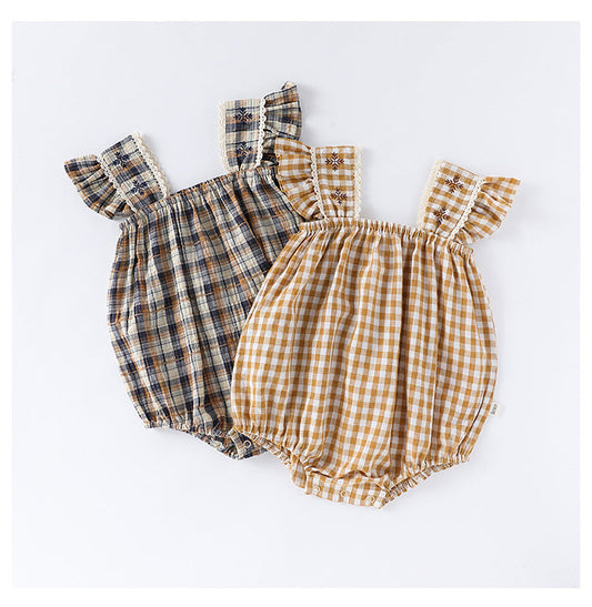 Summer Arrival Baby Girls Sleeveless Plaid Design Onesies Bodysuits-0