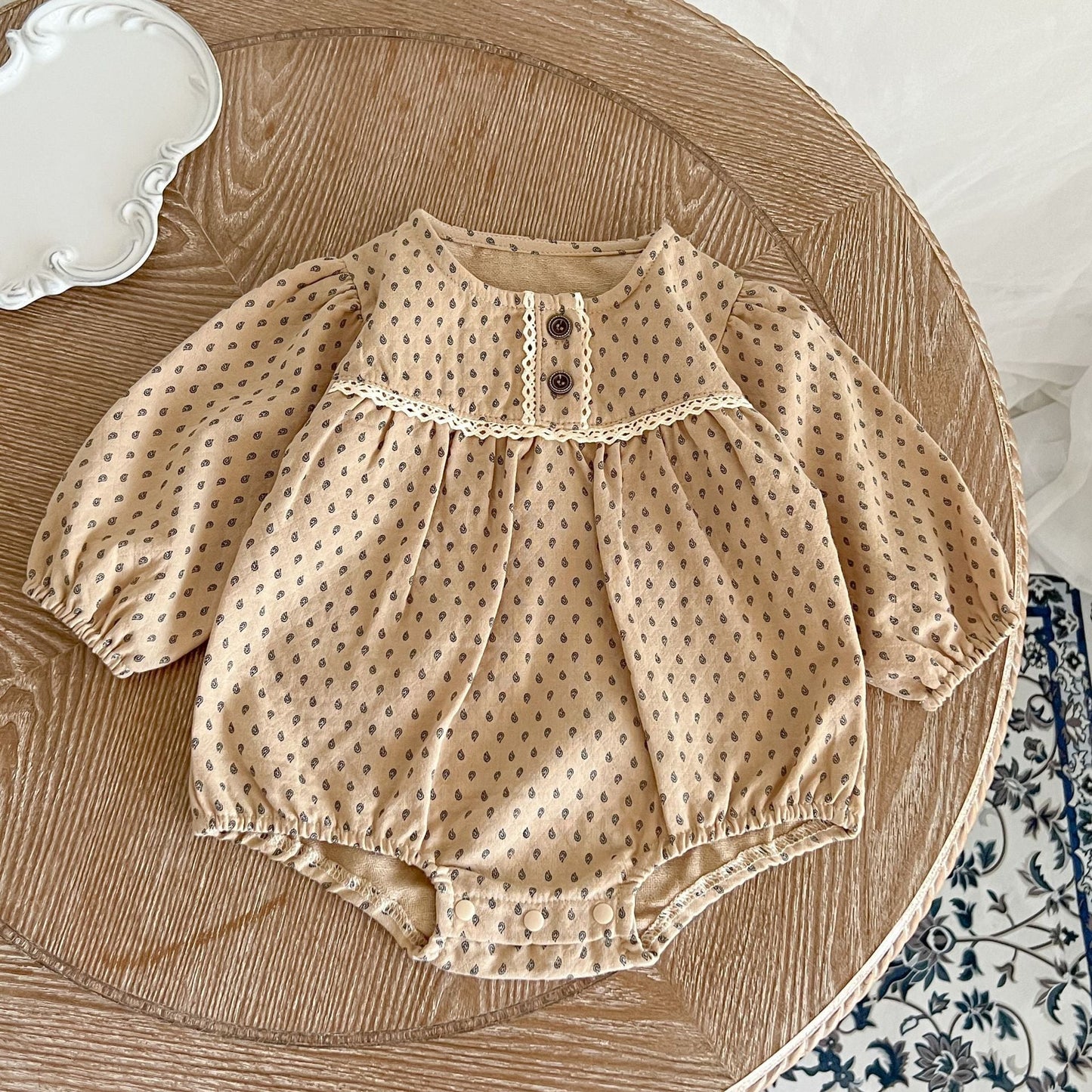 Baby Polka Dot Pattern Long Sleeve Lace Design Onesies-3