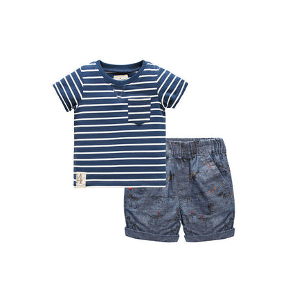 Summer Baby Kids Casual Striped Pattern T-shirt and Animals Pattern Shorts Clothing Set for Boys-0
