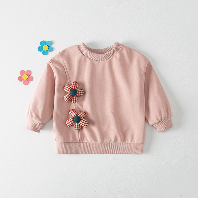 Autumn New Design Kids Girls Crew Neck Long Sleeves 3D Flowers Pattern Attached Top Pullover Shirt-3