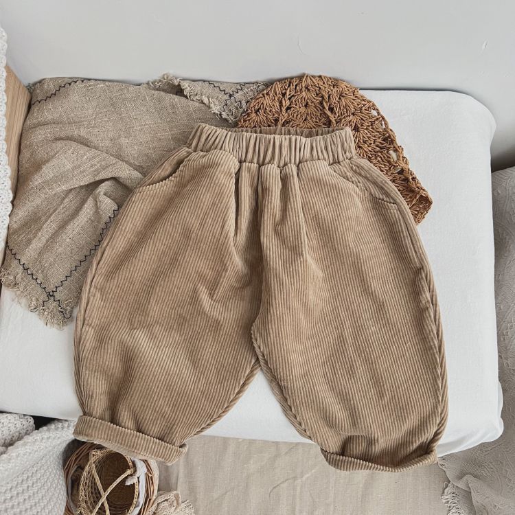 Baby Boy And Girl Solid Color Corduroy Fabric Long Pants With Pockets-2